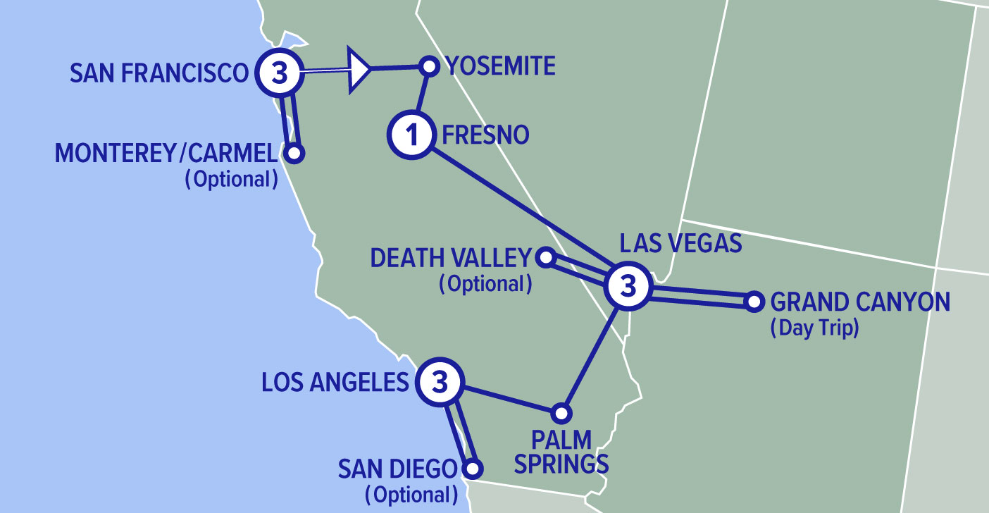 Karta för resan Höjdpunkter i Västra USA